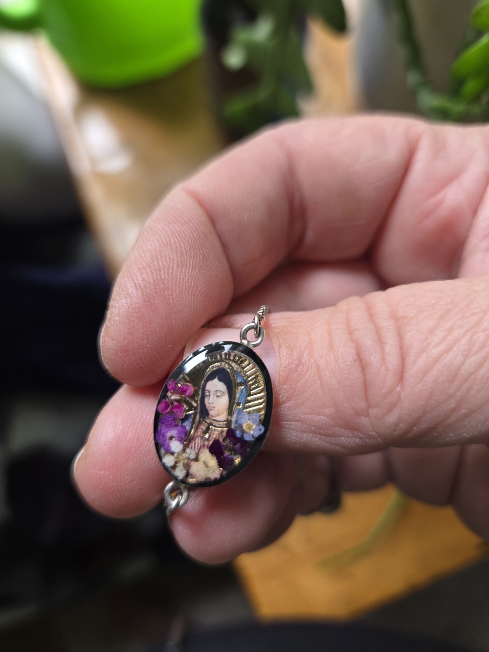 Vintage Sterling Silver Religious Mother Of Guadalupe Dried Floral Oval Bracelet